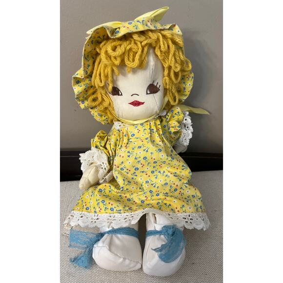 Handmade, rag doll yellow hair with yellow floral dress 12” tall - Picture 1 of 6